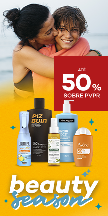 Produtos de Beleza beauty season com destaque promocional de at&eacute; 50% sobre pre&ccedil;o de Venda ao P&uacute;blico Recomendado
